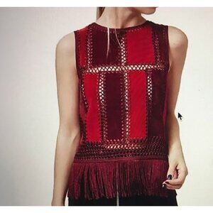 Topshop Boho Faux Suede Fringe Crochet Top Red, Burgundy, size S